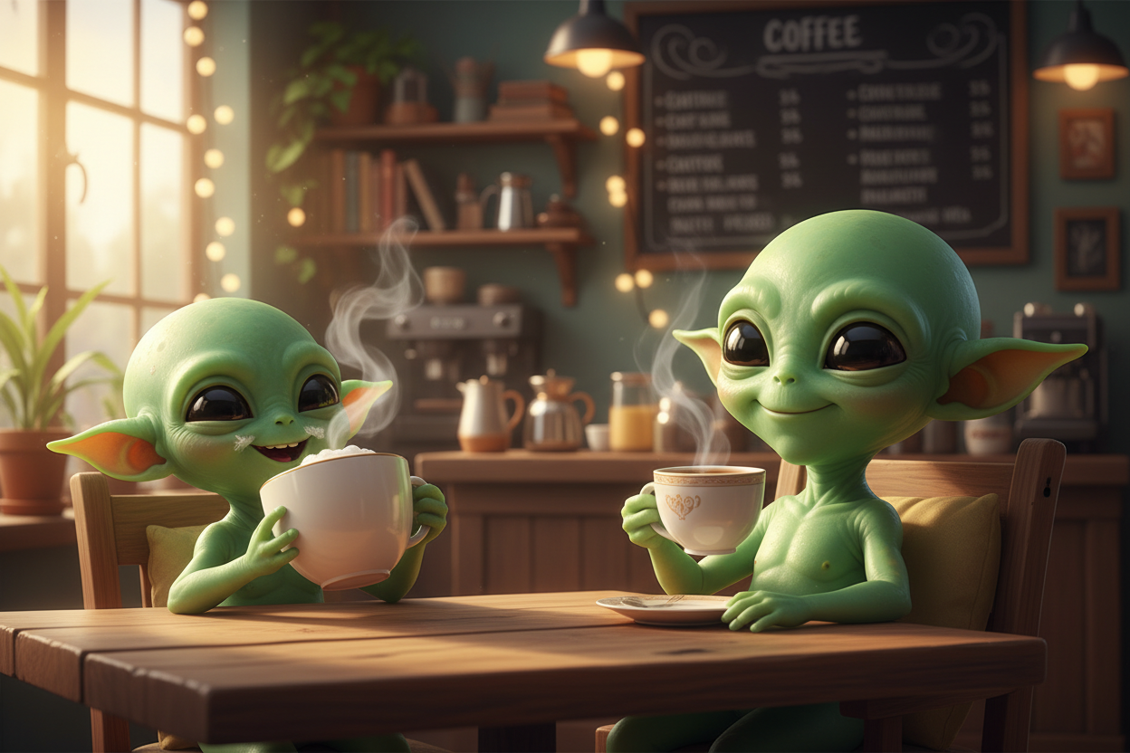 2 little green aliens drinking coffee